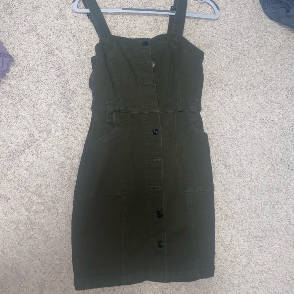 Army green button up denim dress